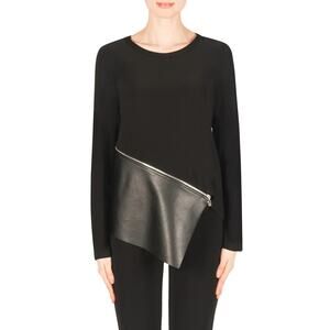 Joseph Ribkoff Faux Leather Accented Top Style 183439 - Black, Size 14 NWT